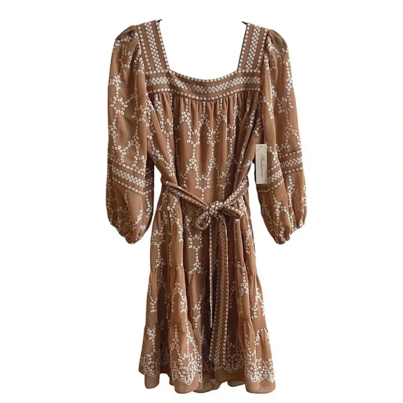 Shoshanna Torres Embroidered Square Neck Tiered Midi Dress Camel Optic  Size 8
